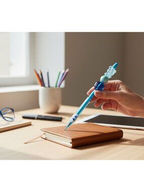 Decorative Blue Beaded Mechanical pencil With Grip Clear Bear Accent and Glitter